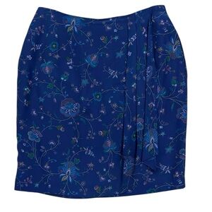 Liz Claiborne Faux Wrap Silk Floral Pencil Skirt Royal Blue Lined Pockets 12